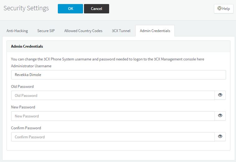 Security Settings Admin Credentials