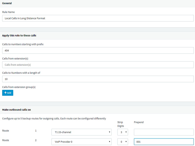 Local calls in long distance format outbound rule
