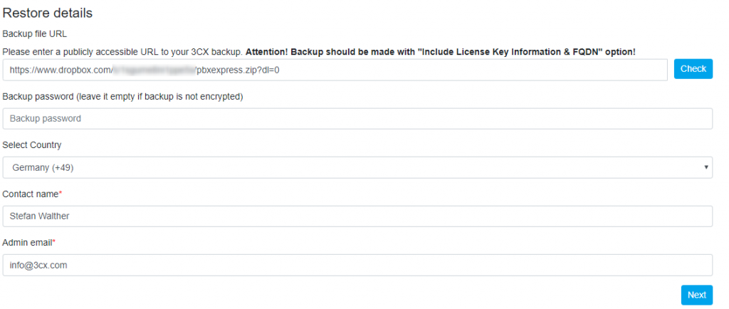 Restore your PBX backup in the Cloud directly