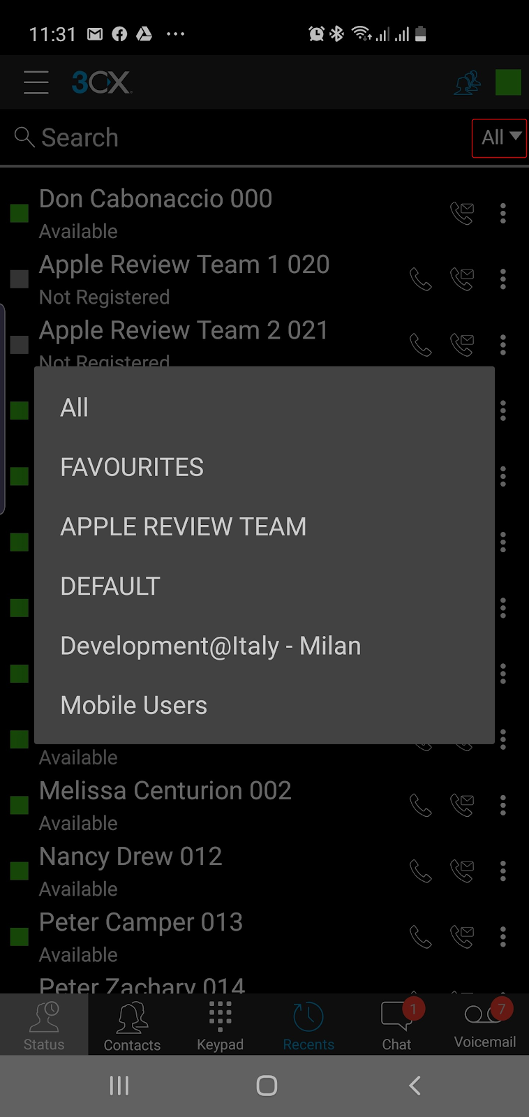 Drop down of contacts groups in the 3CX App for Android