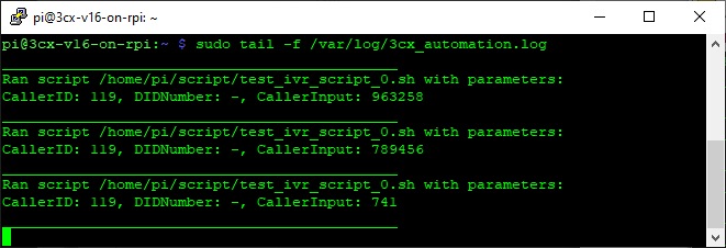 Example log output from Linux shell script called by a script-based IVR