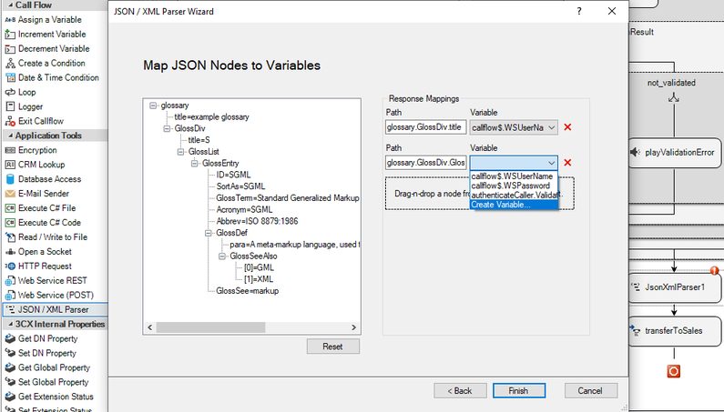 Drag-and-drop items onto the panel to map JSON/XML paths to your variables, validating your call flows.