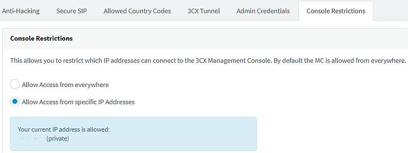 Console Restrictions in 3CX security settings.