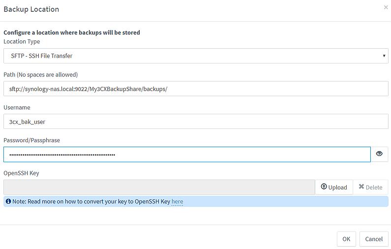 Set type and location for 3CX backup