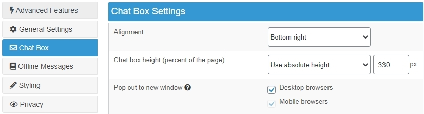 Live Chat Box Settings Screenshot