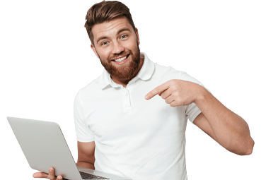 Happy man pointing to his laptop