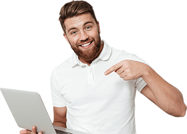 Easy to use and manage with Google Marketplace Man holding a laptop pointing to him with his finger