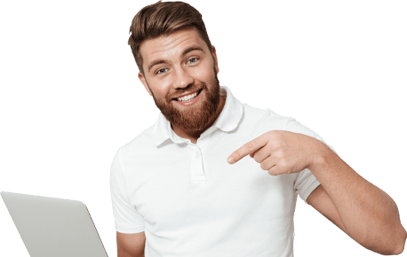 Happy man pointing to his laptop