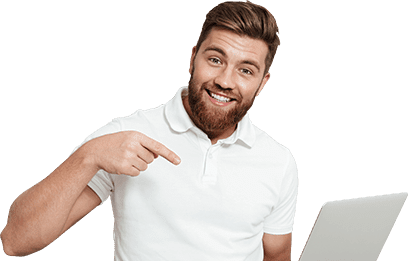 Happy man pointing to his laptop