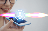 Woman talking to Siri on her phone