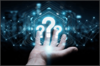 Man on blurred background using question marks