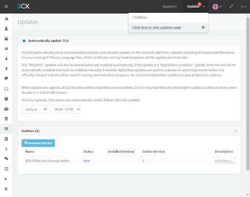 Update to the Hotfix Patch in 3CX Management Console 3CX Management Console - Updates