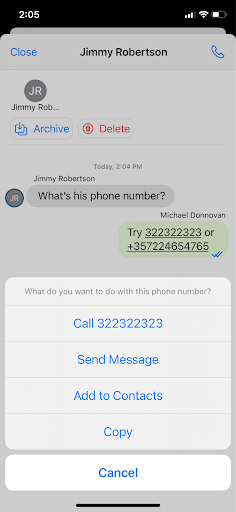 Numbers in Chat messages appear as hyperlink and can be easily managed 3CX iOS App - Manage numbers