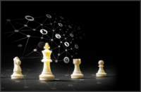 White king chess and other chess pieces with digital icons on dark background