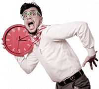 Free video conferencing and no limits Guy holding a red clock and running