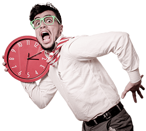 Guy holding a red clock and running