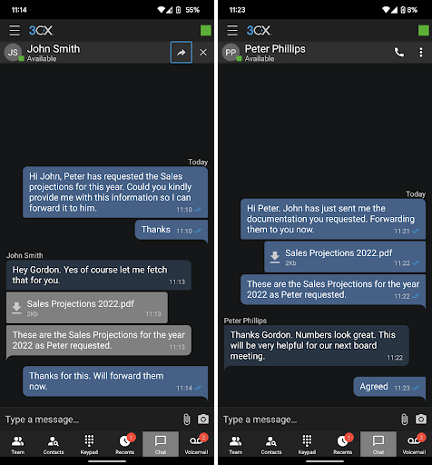 Forward text and attachments to other extensions or groups. 3CX Android App - Forwarding Chat Messages