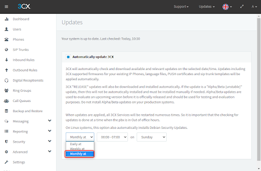 Schedule your PBX updates automatically via the 3CX Management Console Schedule monthly updates