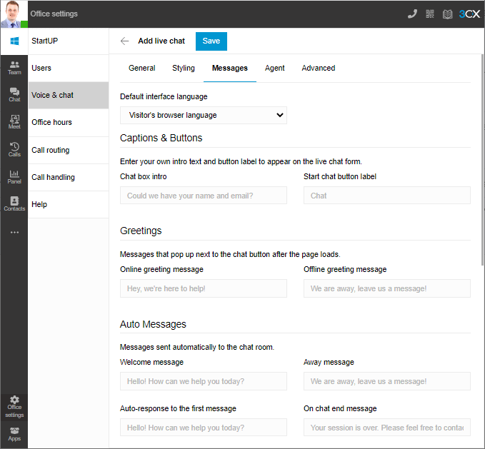 Customize your messages on 3CX Live Chat 3CX Web Client - Add live chat