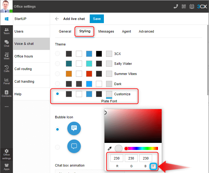 Fully customizable colors for your live chat 3CX Web Client - Customize Style