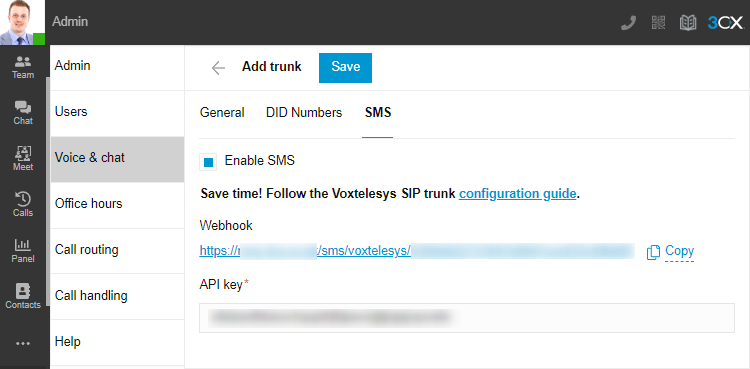 Set up your SIP Trunk provider to start using SMS messaging SIP Trunk setup in 3CX Web Client