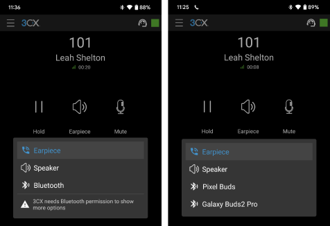 Easily choose your audio output and Bluetooth devices Switch between connected Bluetooth devices in 3CX Android App