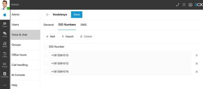 Input all your DID numbers Voxtelesys - DID numbers in 3CX Web Client