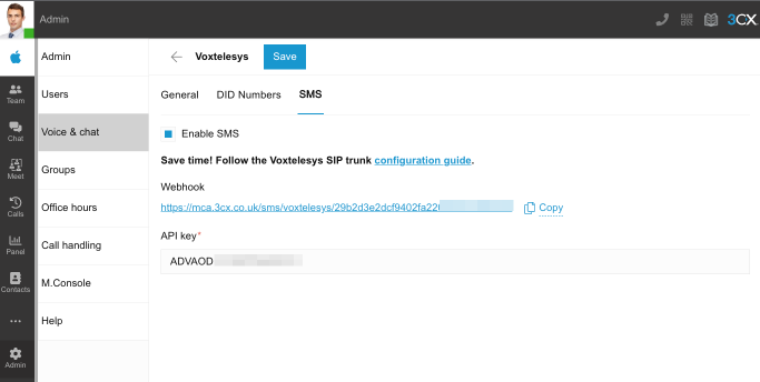 Configure SMS correctly via the 3CX Web Client Voxtelesys - Enable SMS