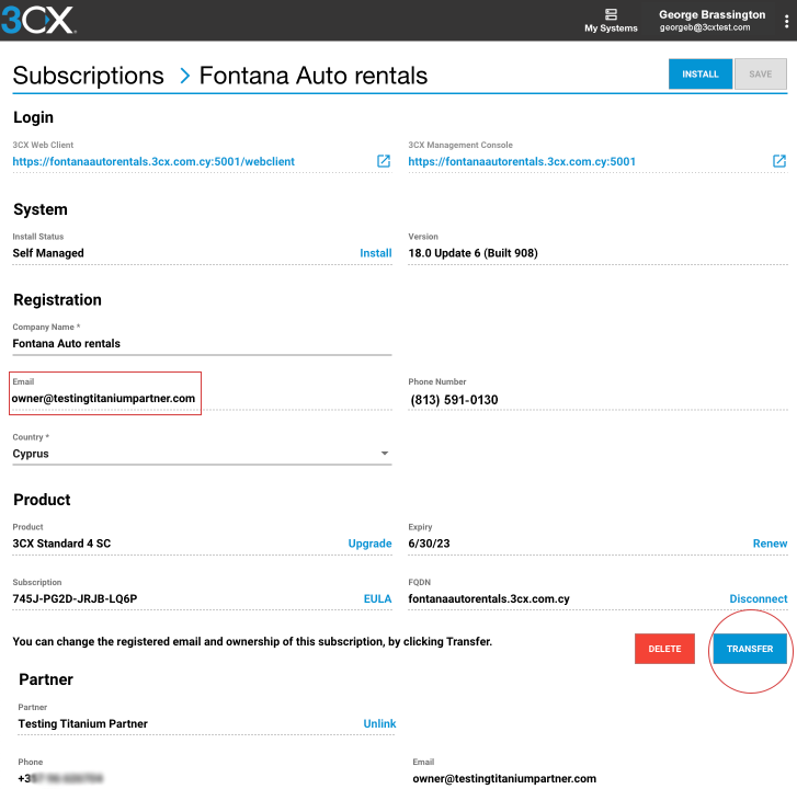 subscription details transfer 3CX Portal - Subscription Settings