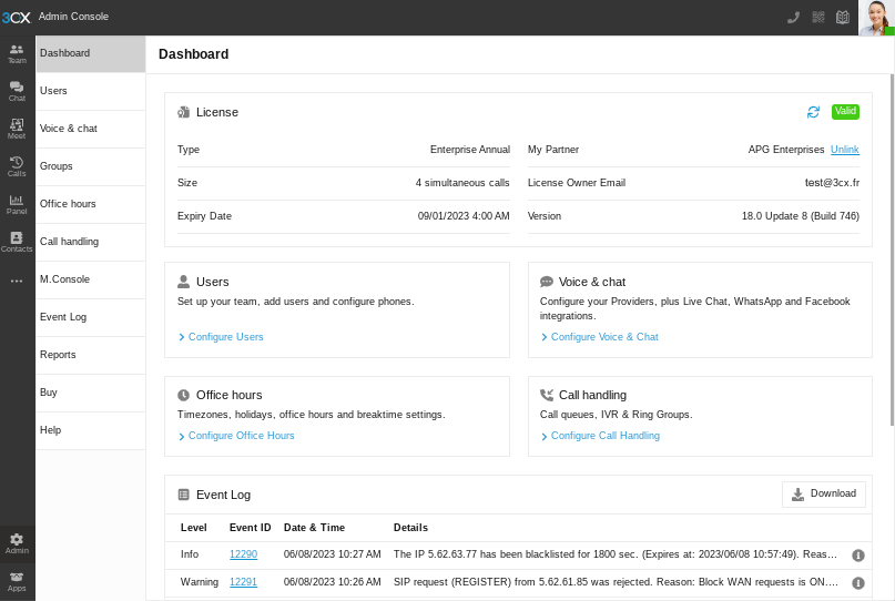 Wider reporting features direct from the new Web Client Admin Dashboard 3CX Web Client - Admin Console Dashboard