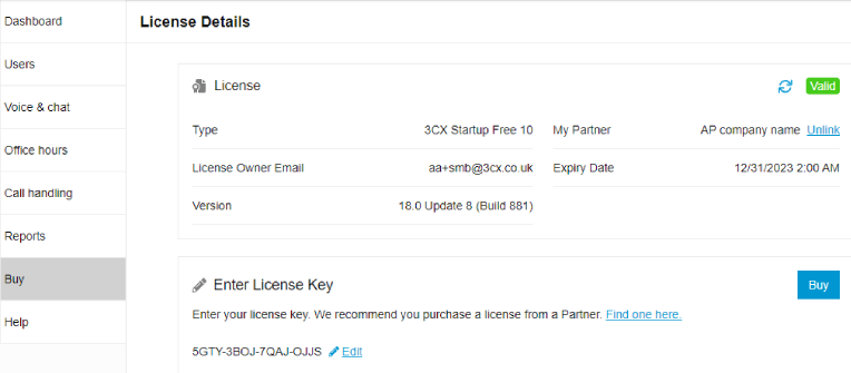 Insert your license key to upgrade your install Licence Key Details in 3CX Web Client