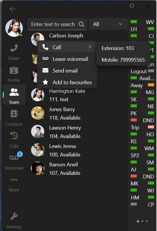 3CX Windows Softphone Beta 4 Team Context Menu 3CX Windows Softphone Beta 4 Team Context Menu