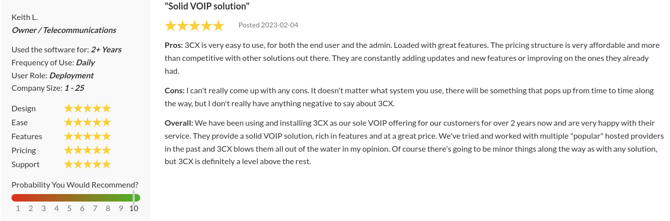 One of 3CX user reviews on SourceForge 