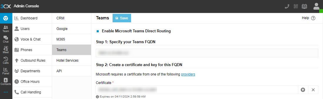 Configuration of Teams Direct Routing Integration from 3CX Phone System 