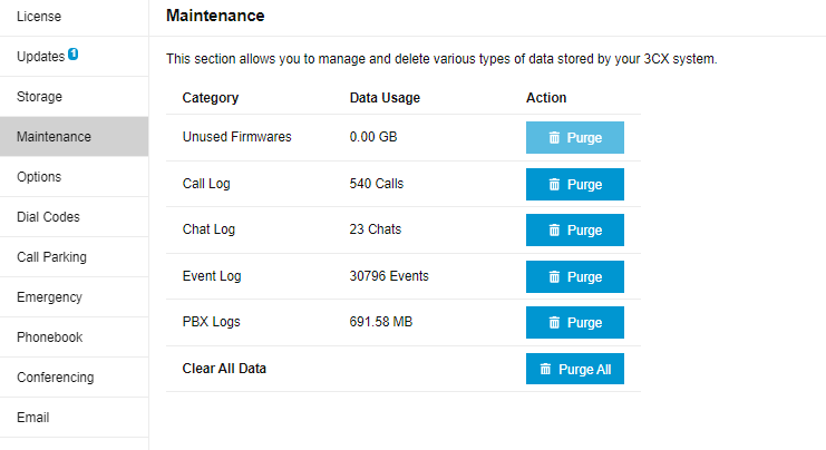 Maintenance menu in 3CX Admin Console