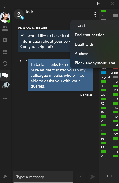 Transfer a chat to another team member Transfer a chat to another team member who is better able to resolve the issue.