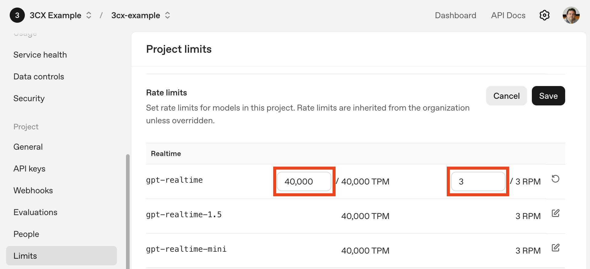 Project - Limits page