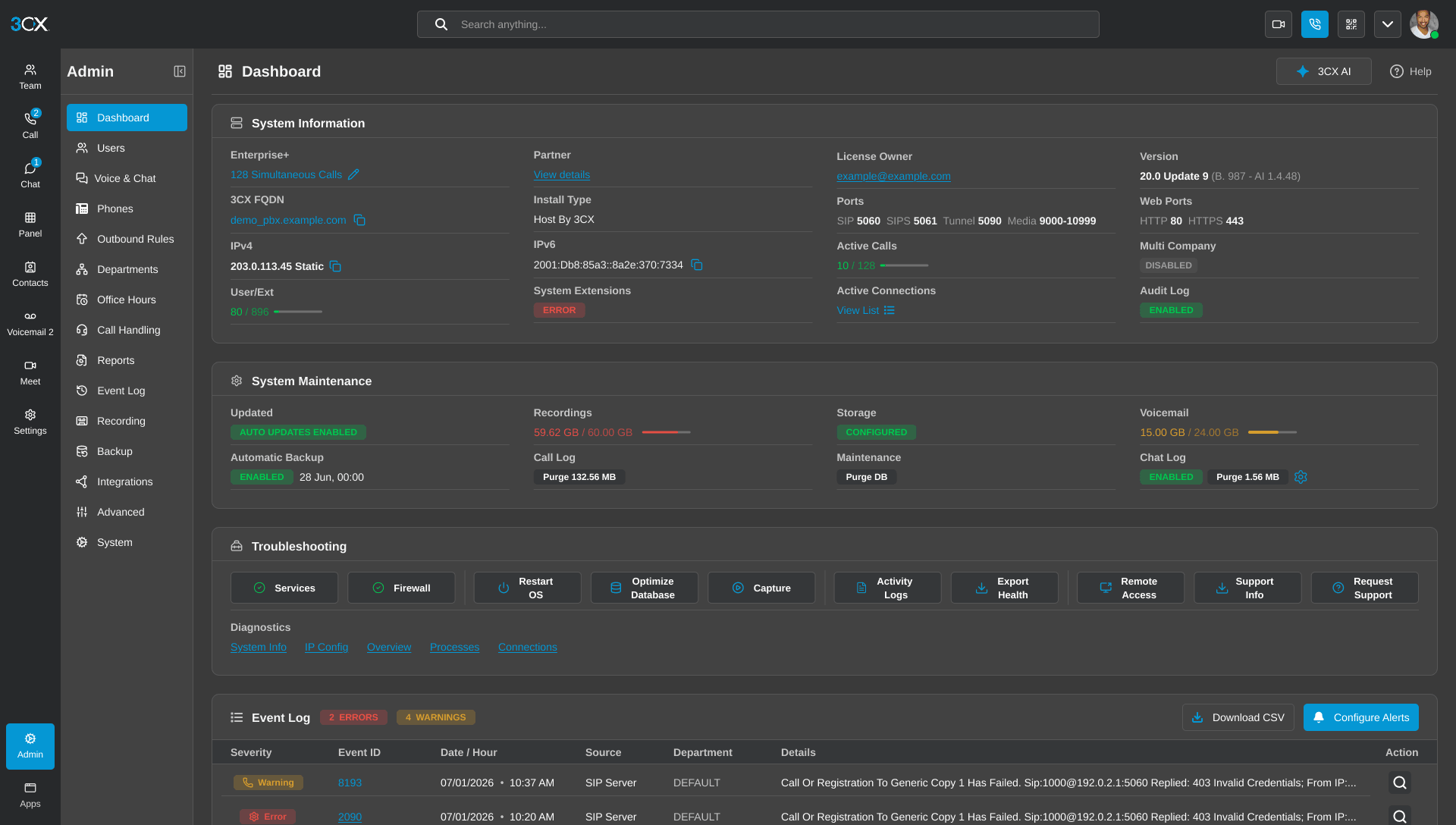3cx phone system settings