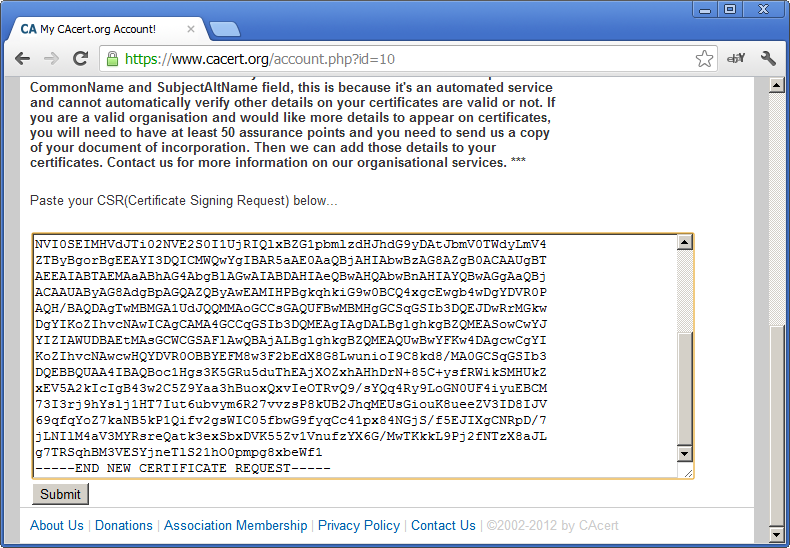 PasteCertificateRequestinCACert Paste the Certificate Request in CACert