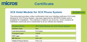 Micros Fidelio Certificate 3CX Hotel Module and Micros Fidelio